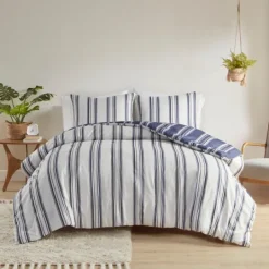 Kirkland's Home Blue Stripe Reversible 3-Pc. Queen Duvet Cover Set- Duvets