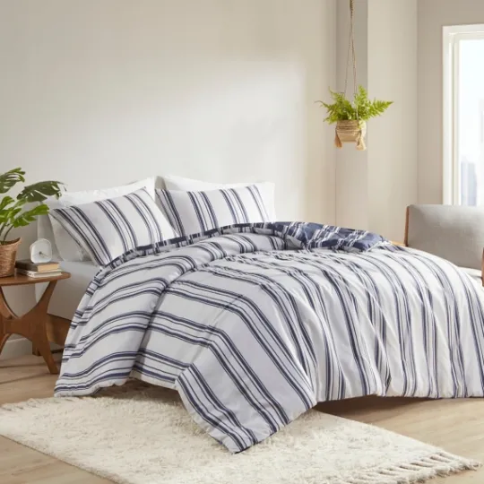 Kirkland's Home Blue Stripe Reversible 3-Pc. Queen Duvet Cover Set- Duvets