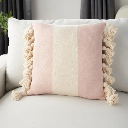 Kirkland's Home Blush And Ivory Striped Tassel Pillow- Pillows