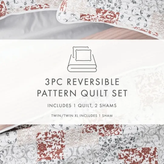 Kirkland's Home Blush Patchwork Reversible 3-Pc. Queen Quilt Set- Quilts