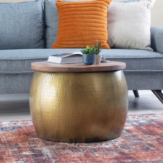 Kirkland's Home Brass Hammered Drum Storage Coffee Table- Coffee Tables