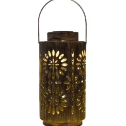Kirkland's Home Brass Metal Flower Cutout Solar Lantern- Outdoor Lighting