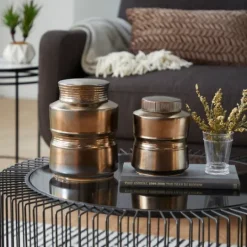 Kirkland's Home Bronze Ribbed Ceramic Jars, Set Of 2- Decorative Bowls & Jars