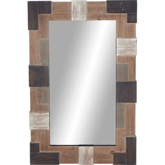 Kirkland's Home Brown And White Square Strips Wood Framed Mirror- Decorative Mirrors
