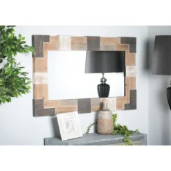 Kirkland's Home Brown And White Square Strips Wood Framed Mirror- Decorative Mirrors
