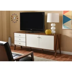 Kirkland's Home Brown And White Wood Mid-Century Modern Sideboard- Cabinets & Sideboards