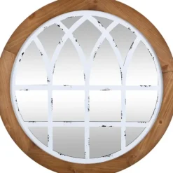 Kirkland's Home Brown And Wooden Round Windowpane Mirror- Decorative Mirrors