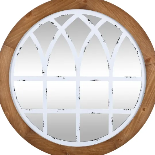 Kirkland's Home Brown And Wooden Round Windowpane Mirror- Decorative Mirrors