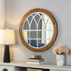 Kirkland's Home Brown And Wooden Round Windowpane Mirror- Decorative Mirrors