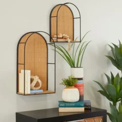 Kirkland's Home Brown Bamboo Arched Modern Wall Shelves, Set Of 2- Shelves