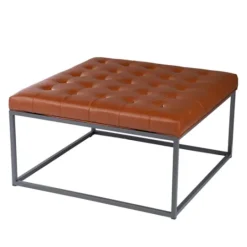 Kirkland's Home Brown Button Tufted Faux Leather Ottoman- Benches & Ottomans
