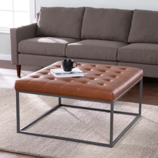 Kirkland's Home Brown Button Tufted Faux Leather Ottoman- Benches & Ottomans