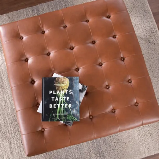 Kirkland's Home Brown Button Tufted Faux Leather Ottoman- Benches & Ottomans