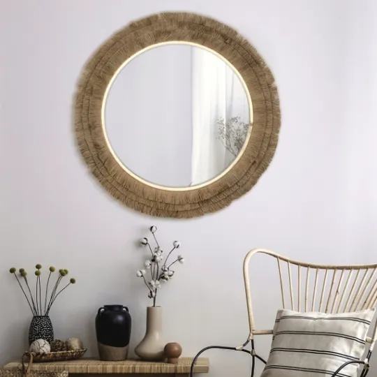 Kirkland's Home Brown Fringe Jute Round Wall Mirror- Decorative Mirrors
