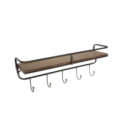 Kirkland's Home Brown Metal Frame Wood Wall Shelf With Hooks- Hooks