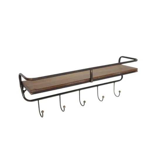 Kirkland's Home Brown Metal Frame Wood Wall Shelf With Hooks- Hooks