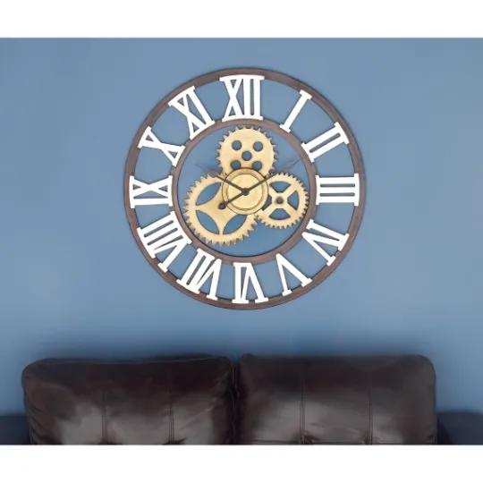 Kirkland's Home Brown Metal Open Face Gold Gears Wall Clock- Clocks