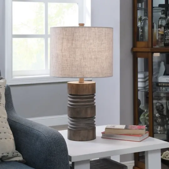 Kirkland's Home Brown Ribbed Wood Finish Table Lamp- Table Lamps