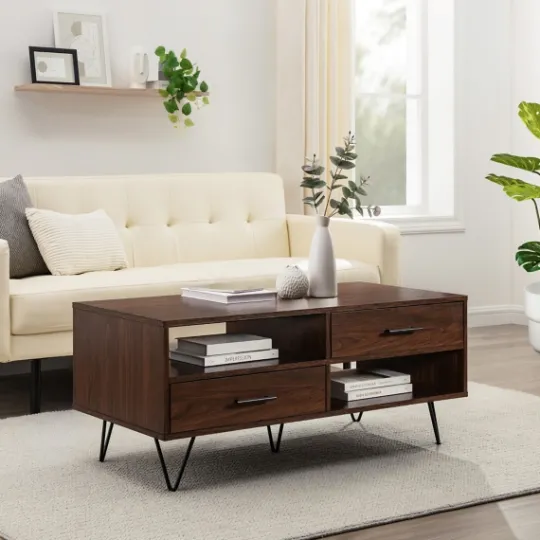 Kirkland's Home Brown Wood & Black Metal Hairpin Legs Coffee Table- Coffee Tables