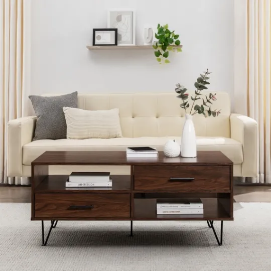 Kirkland's Home Brown Wood & Black Metal Hairpin Legs Coffee Table- Coffee Tables
