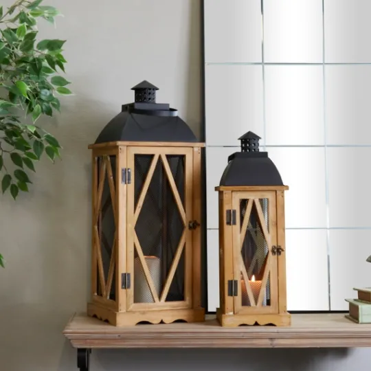 Kirkland's Home Brown Wood And Black Mesh Lanterns, Set Of 2- Lanterns
