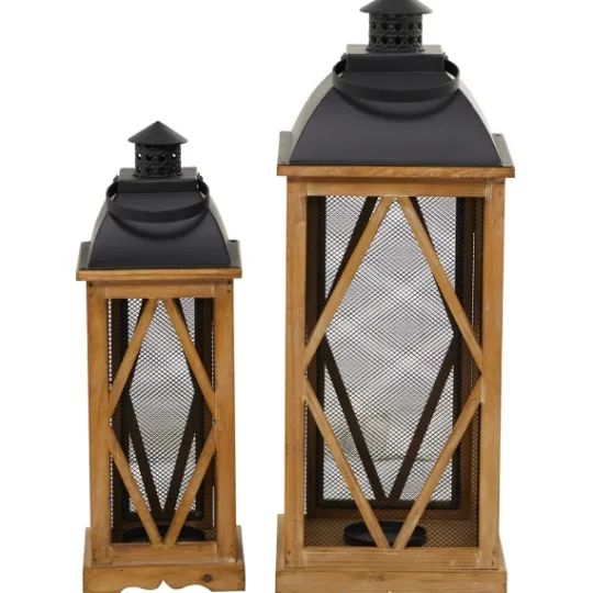 Kirkland's Home Brown Wood And Black Mesh Lanterns, Set Of 2- Lanterns