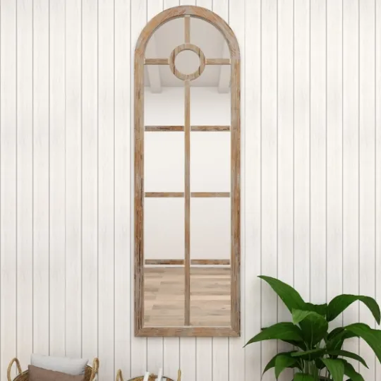 Kirkland's Home Brown Wood And Glass Arched Windowpane Mirror- Decorative Mirrors