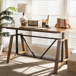 Kirkland's Home Brown Wood And Metal Linear Base Desk- Office Furniture