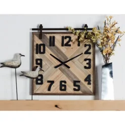 Kirkland's Home Brown Wood Black Metal Accent Square Wall Clock- Clocks