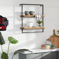 Kirkland's Home Brown Wood Black Metal Frame Wall Shelves- Shelves