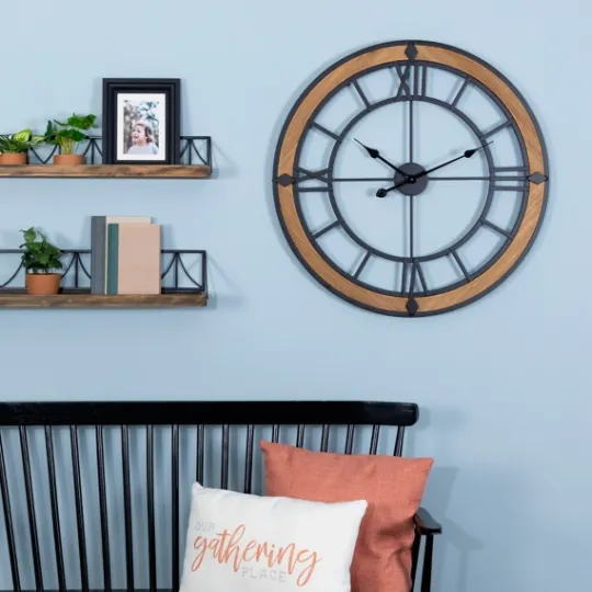 Kirkland's Home Brown Wood Black Metal Open Cut Out Wall Clock- Clocks