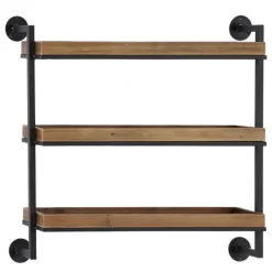 Kirkland's Home Brown Wood Black Metal Pipe Frame Wall Shelf- Shelves