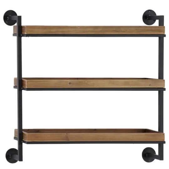 Kirkland's Home Brown Wood Black Metal Pipe Frame Wall Shelf- Shelves