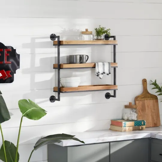 Kirkland's Home Brown Wood Black Metal Pipe Frame Wall Shelf- Shelves