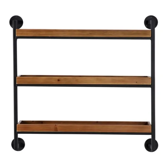 Kirkland's Home Brown Wood Black Metal Pipe Frame Wall Shelf- Shelves
