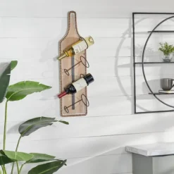Kirkland's Home Brown Wood Bottle Frame Metal Bracket Wine Holder- Wall Storage