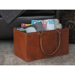 Kirkland's Home Camel Rustic Leather Magazine Rack Basket- Baskets & Boxes
