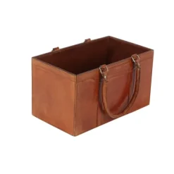 Kirkland's Home Camel Rustic Leather Magazine Rack Basket- Baskets & Boxes