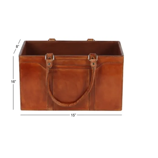 Kirkland's Home Camel Rustic Leather Magazine Rack Basket- Baskets & Boxes
