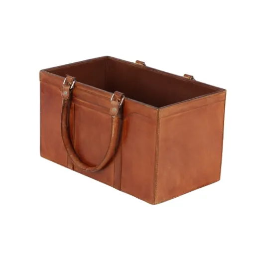 Kirkland's Home Camel Rustic Leather Magazine Rack Basket- Baskets & Boxes