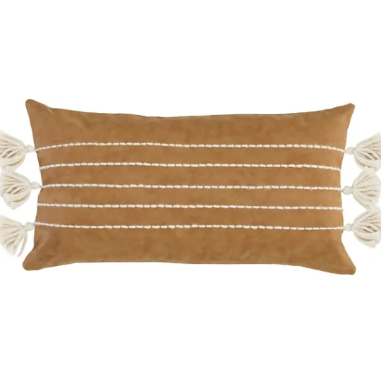 Kirkland's Home Camel Vegan Leather Tasseled Lumbar Pillow- Pillows