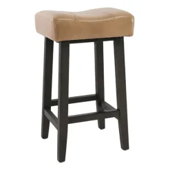 Kirkland's Home Camel Wood And Leather Backless Stool- Bar Stools & Counter Height Stools