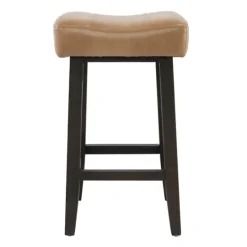 Kirkland's Home Camel Wood And Leather Backless Stool- Bar Stools & Counter Height Stools