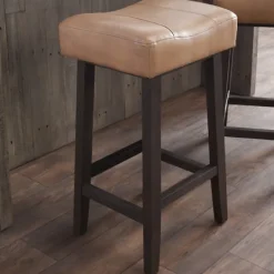 Kirkland's Home Camel Wood And Leather Backless Stool- Bar Stools & Counter Height Stools