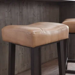 Kirkland's Home Camel Wood And Leather Backless Stool- Bar Stools & Counter Height Stools
