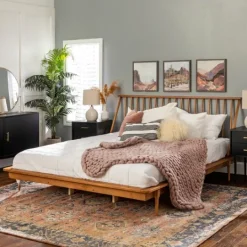 Kirkland's Home Caramel Mid-Century Modern Platform King Bed Frame- Beds & Headboards