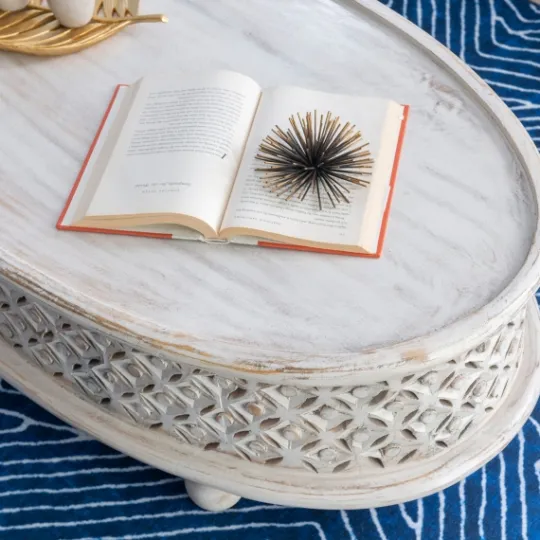 Kirkland's Home Carved Lattice Wood Oval Coffee Table- Coffee Tables