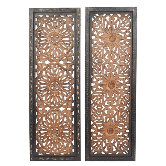 Kirkland's Home Carved Mahogany 2-Pc. Floral Motif Plaque Set- Wall Plaques
