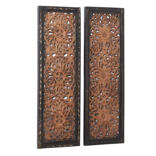 Kirkland's Home Carved Mahogany 2-Pc. Floral Motif Plaque Set- Wall Plaques