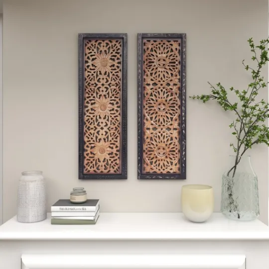 Kirkland's Home Carved Mahogany 2-Pc. Floral Motif Plaque Set- Wall Plaques